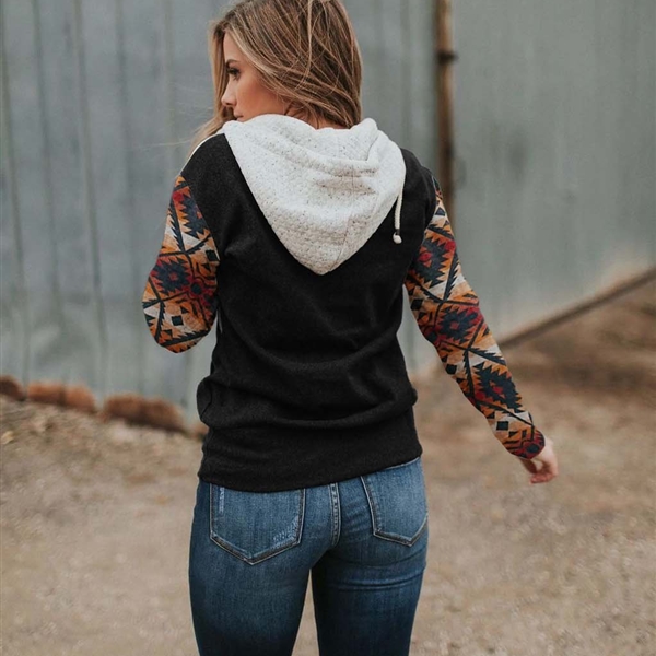 Sdecorshop Women's Yellowstone Western Print Hood Collar Colorblock Pocket Sweatshirt