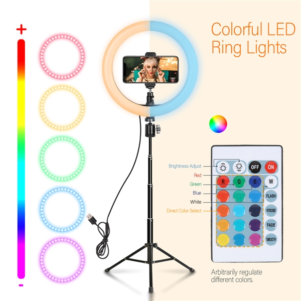 10 Inch RGB Ring Light Colorful LED Photography Lamp with Tripod & Phone Holder