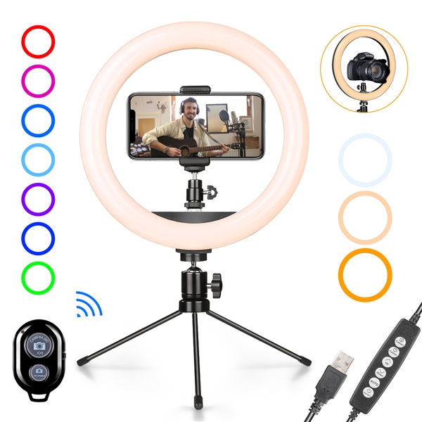10 Inch 7 Stable RGB Ring Lights with Tripod, Phone Holder & Bluetooth Control