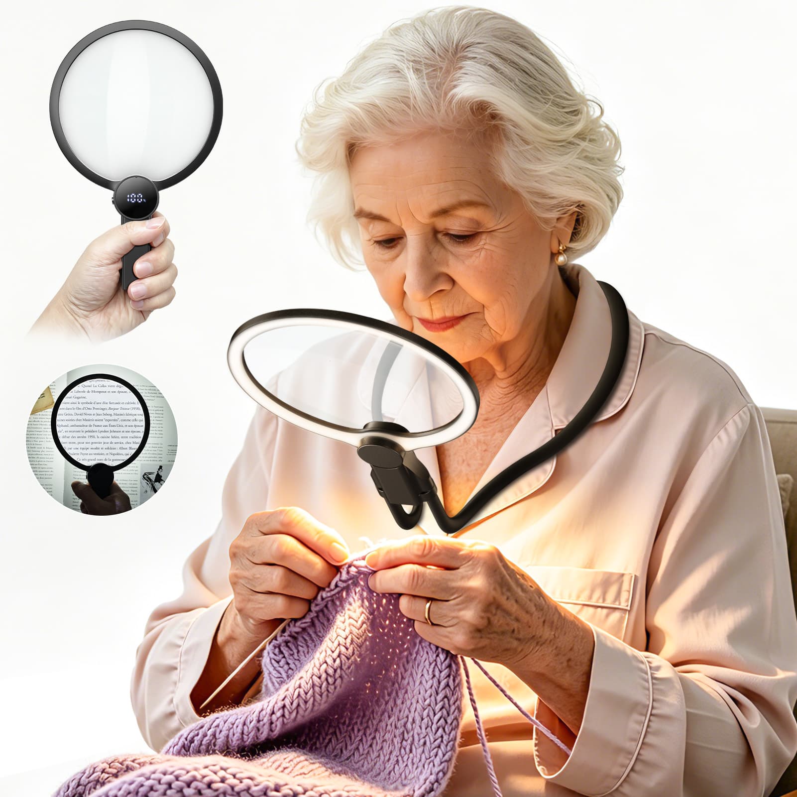 AIXPI 8039-9C  Large 10X Rechargeable Magnifying Glass for Reading with Light Hands Free Magnifying Glass Neck Wear Magnifier with 48 Led Lights Full Book Page Magnifier for Seniors Low Vision Elderly