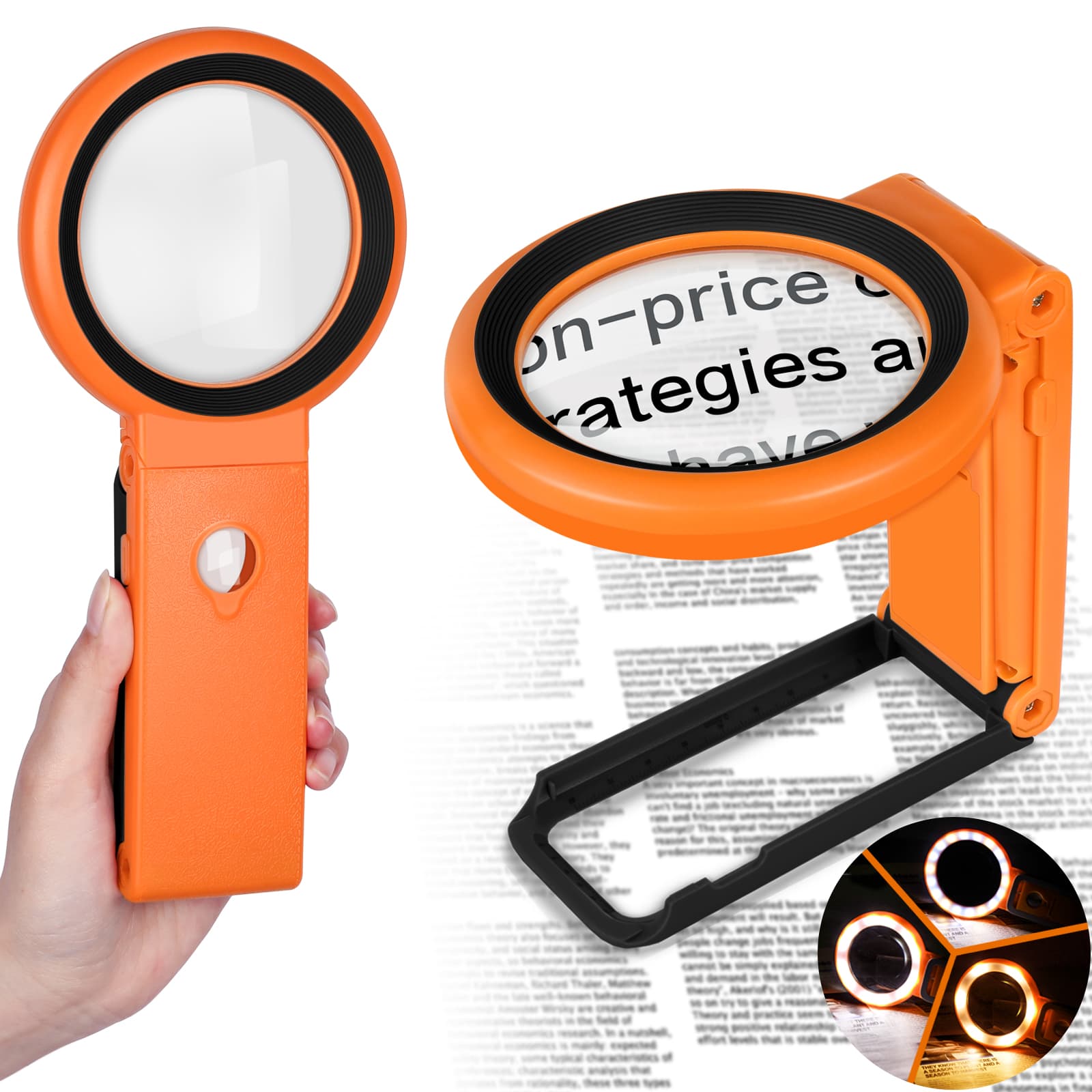 AIXPI Magnifying Glass with Light and Stand, Foldable Handheld Magnifying Glass 18 LED Illuminated Lighted Magnifier for Macular Degeneration, Seniors Reading, Close Work, Coins, Jewelry L106-ORANGE